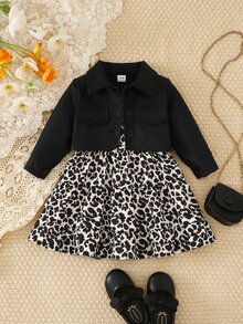 SHEIN Vintaside Kids 2pcs Toddler Baby Girl Jacket Dress Cute Sweet Black Leopard Tiered Button Long Sleeve Lapel Regular Birthday Party Spring Princess First Birthday Set - Black - View 5