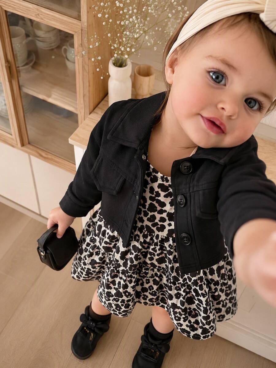 SHEIN Vintaside Kids 2pcs Toddler Baby Girl Jacket Dress Cute Sweet Black Leopard Tiered Button Long Sleeve Lapel Regular Birthday Party Spring Princess First Birthday Set