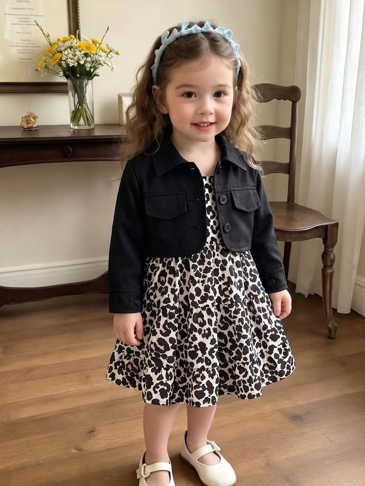 SHEIN Vintaside Kids طقم فستان بحمالات رفيعة بطبعة نمر وجاكيت بأكمام طويلة بلون موحد وأزرار أمامية للبنات الرضع - الأسود - مشاهدة 8