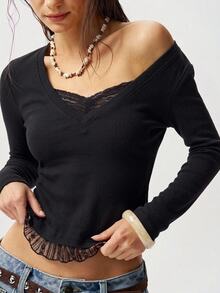 Bohemela Kaos Wanita Motif Renda Patchwork 2 In 1 - Hitam - View 4