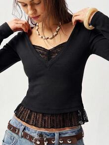 Bohemela Kaos Wanita Motif Renda Patchwork 2 In 1 - Hitam - View 5