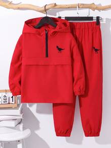 SHEIN 小男孩恐龍印花半拉鍊連帽外套與長褲套裝 - 彩色 - 查看 1