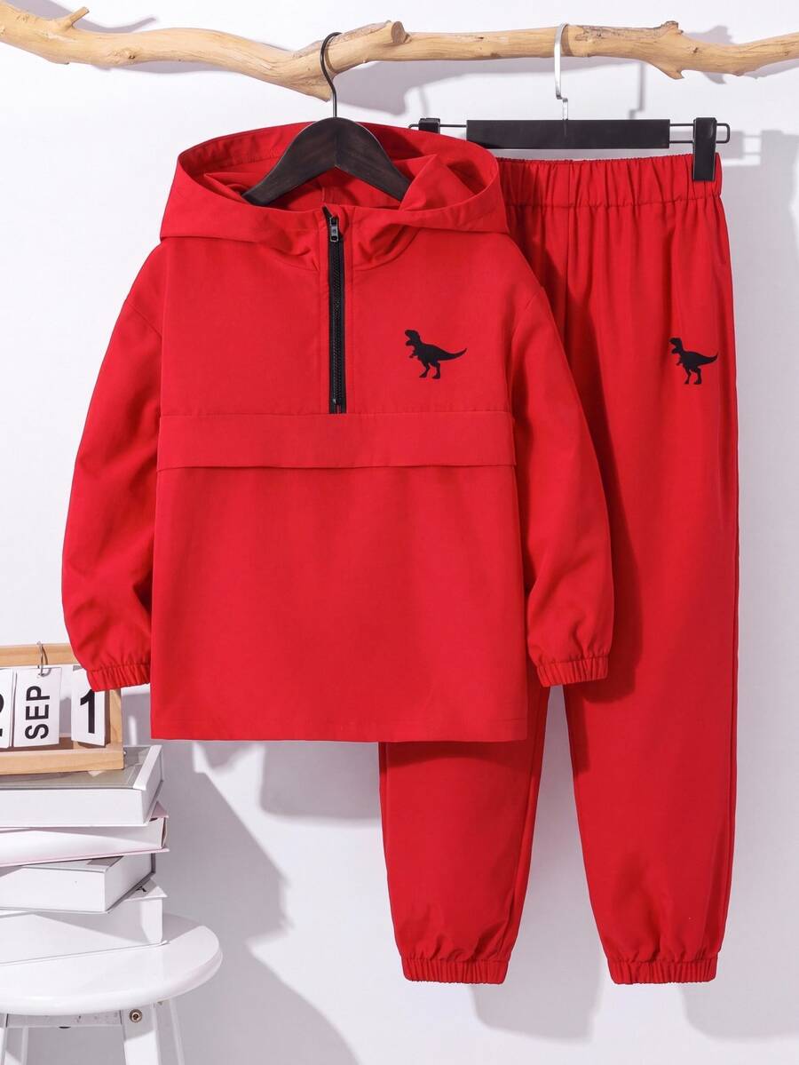 SHEIN 小男孩恐龍印花半拉鍊連帽外套與長褲套裝 - 彩色 - 查看 1