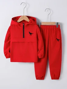 SHEIN 小男孩恐龍印花半拉鍊連帽外套與長褲套裝 - 彩色 - 查看 8