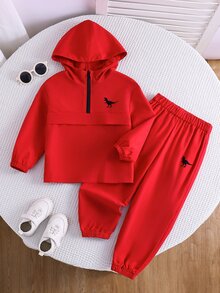 SHEIN 小男孩恐龍印花半拉鍊連帽外套與長褲套裝 - 彩色 - 查看 3