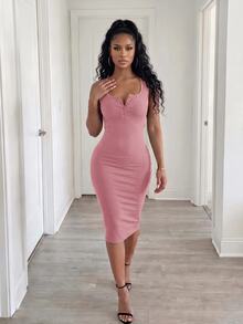 BamGleam Half Button Ribbed Knit Bodycon Dress Burgundy Maxi Women Outfit - Dusty Pink - View 4