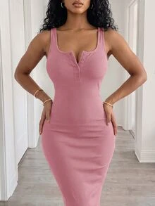 BamGleam Half Button Ribbed Knit Bodycon Dress Burgundy Maxi Women Outfit - Dusty Pink - View 8