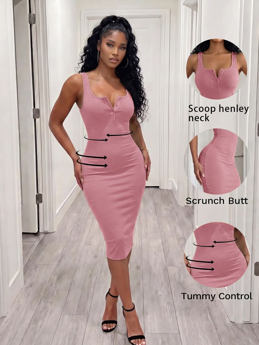 BamGleam Half Button Ribbed Knit Bodycon Dress Burgundy Maxi Women Outfit