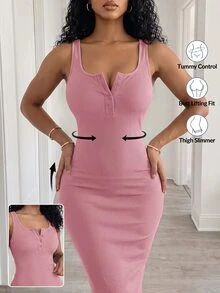 BamGleam Half Button Ribbed Knit Bodycon Dress Burgundy Maxi Women Outfit - Dusty Pink - View 6