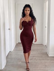 VaVaBold Vestido maxi de punto acanalado con botones a la mitad, color borgoña, para mujer - Burdeos - Ver 5
