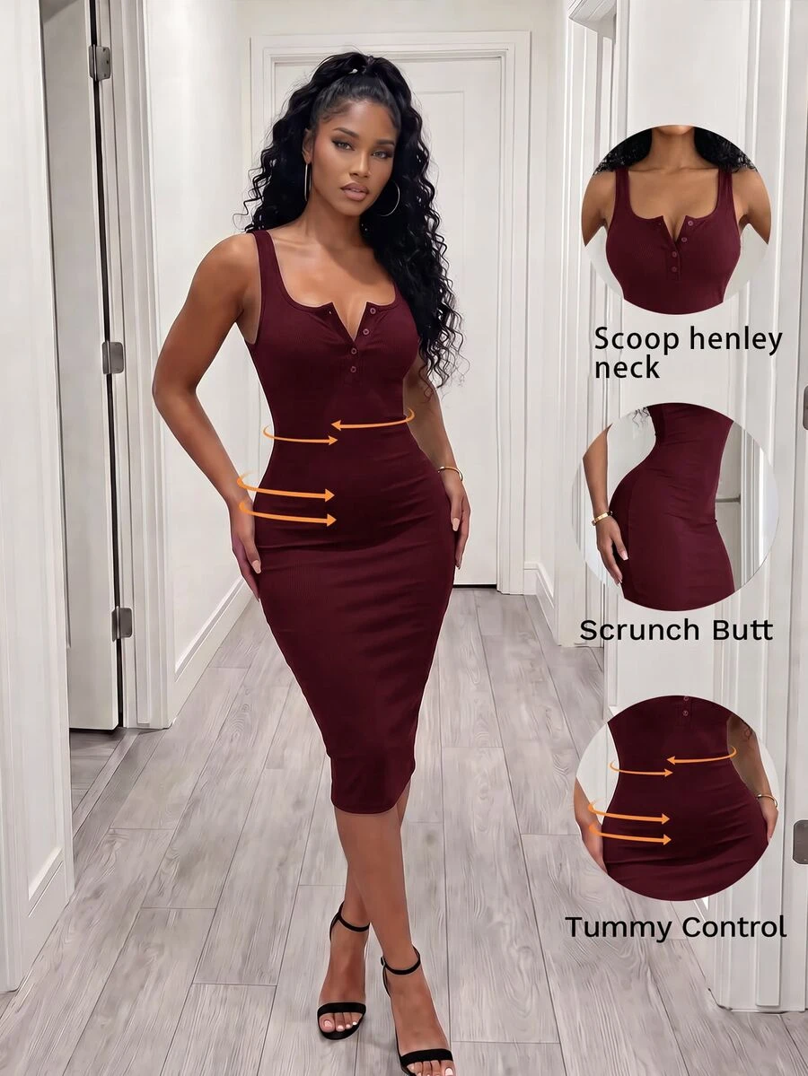 VaVaBold Vestido maxi de punto acanalado con botones a la mitad, color borgoña, para mujer - Burdeos - Ver 1