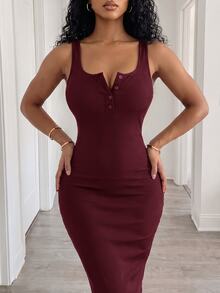 VaVaBold Vestido maxi de punto acanalado con botones a la mitad, color borgoña, para mujer - Burdeos - Ver 7