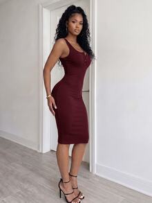 VaVaBold Vestido maxi de punto acanalado con botones a la mitad, color borgoña, para mujer - Burdeos - Ver 2