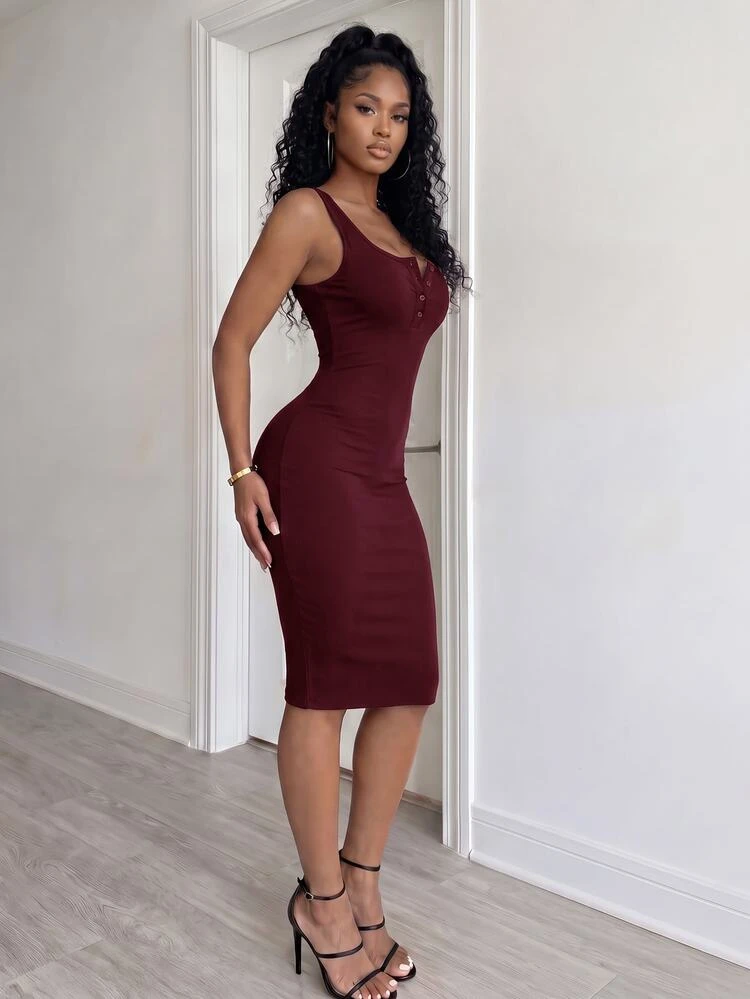 VaVaBold Solid Color Ribbed Knit Bodycon Dress Maxi Women Outfit