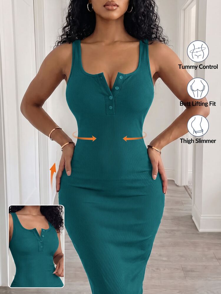 BamGleam Summer Casual Solid Color Slim Sleeveless Dress Maxi Women Outfit - Green - View 8