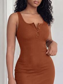Zolique Summer Casual Solid Color Slim Sleeveless Dress Maxi Women Outfit - Brown - View 6