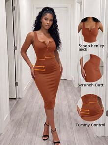 Zolique Summer Casual Solid Color Slim Sleeveless Dress Maxi Women Outfit - Brown - View 1