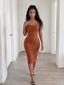 Zolique Summer Casual Solid Color Slim Sleeveless Dress Maxi Women Outfit - Brown - View 5
