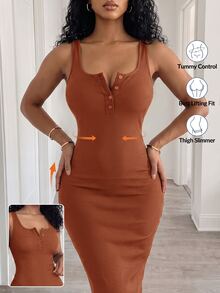 Zolique Summer Casual Solid Color Slim Sleeveless Dress Maxi Women Outfit - Brown - View 8