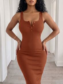 Zolique Summer Casual Solid Color Slim Sleeveless Dress Maxi Women Outfit - Brown - View 7