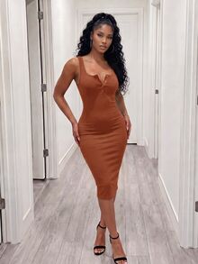 Zolique Summer Casual Solid Color Slim Sleeveless Dress Maxi Women Outfit - Brown - View 4