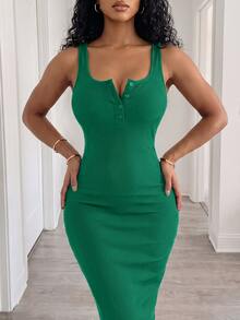 VaVaBold Solid Color Ribbed Knit Bodycon Dress Maxi Women Outfit - Green - View 7