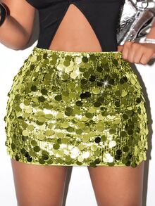 BamGleam Minifalda ajustada con lentejuelas para fiesta de vacaciones - Verde - Ver 3