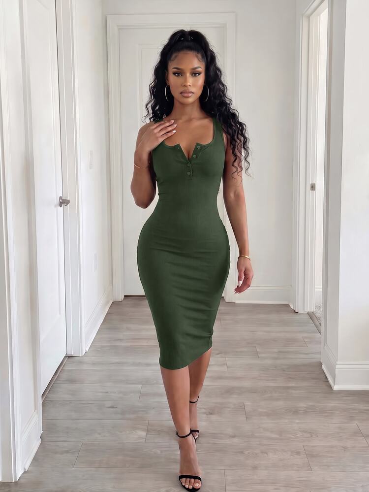 VaVaBold Vestido largo de mujer con parte superior de punto acanalado - Verde militar - Añade 5