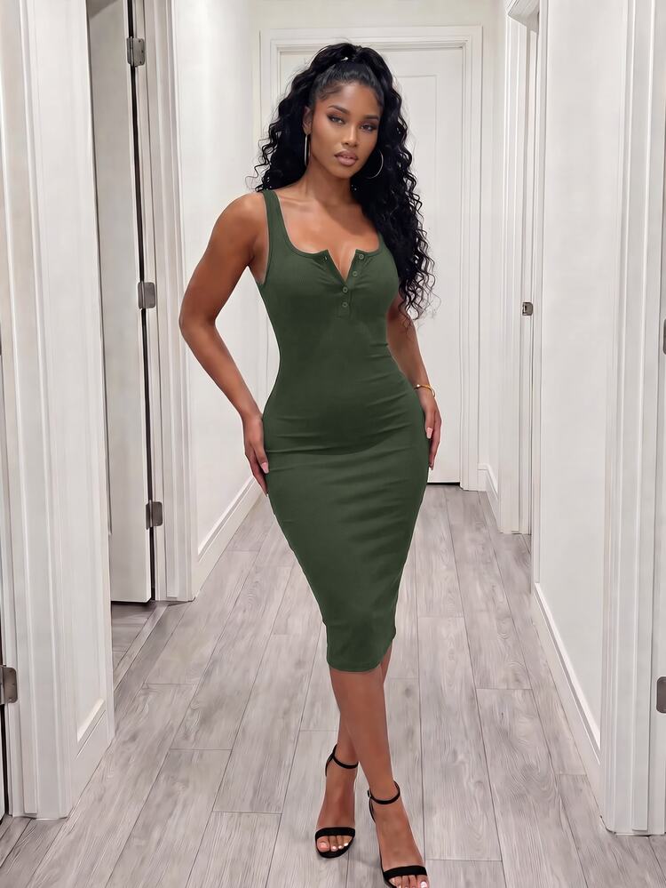 VaVaBold Vestido largo de mujer con parte superior de punto acanalado - Verde militar - Añade 4