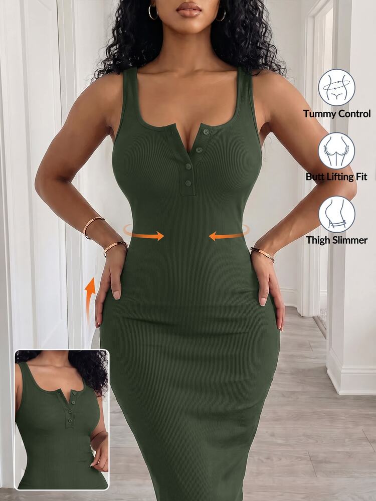 VaVaBold Vestido largo de mujer con parte superior de punto acanalado - Verde militar - Añade 8