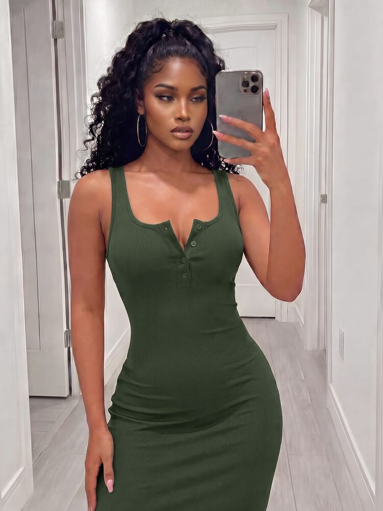 VaVaBold Vestido largo de mujer con parte superior de punto acanalado - Verde militar - Añade 3