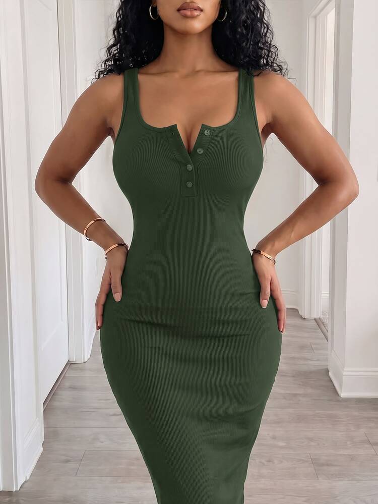 VaVaBold Vestido largo de mujer con parte superior de punto acanalado - Verde militar - Añade 7