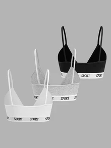 SHEIN Girlism 青少年女孩內衣與胸罩 3件組 休閒百搭 黑色白色灰色 簡約V領拼接字母彈性帶加墊背心 - 彩色 - 查看 2