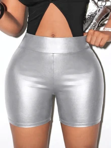 BamGleam Wideband High Waist PU Leather Biker Skinny Shorts - Silver - View 4