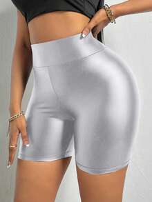 BamGleam Wideband High Waist PU Leather Biker Skinny Shorts - Silver - View 2