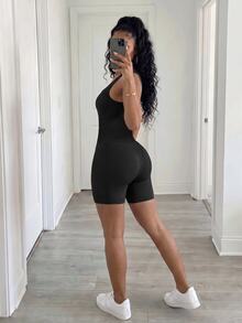 BamGleam 女式時尚簡約純色緊身彈性連身褲 - 黑色 - 查看 3