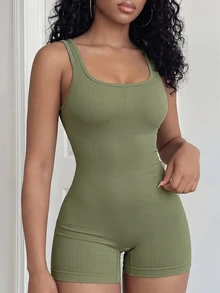 BamGleam Women Plain Sleeveless Bodycon Romper - Olive Green - View 6