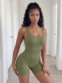 BamGleam Women Plain Sleeveless Bodycon Romper - Olive Green - View 7