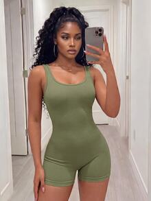 BamGleam Women Plain Sleeveless Bodycon Romper - Olive Green - View 4
