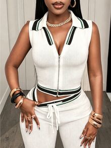 SHEIN BamGlam Women's Black And White Knit Cardigan Thin Sweater With Lapel V-Neck Zipper Contrast Trim Sleeveless Casual Athleisure Sporty Sexy Outwear Gym Autumn - White - View 4