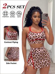BamGleam Setelan Olahraga Wanita: Atasan Tank Pendek Motif Leopard dengan Blok Warna dan Rok Celana Pendek dengan Hem Asimetris - MultiWarna - View 1