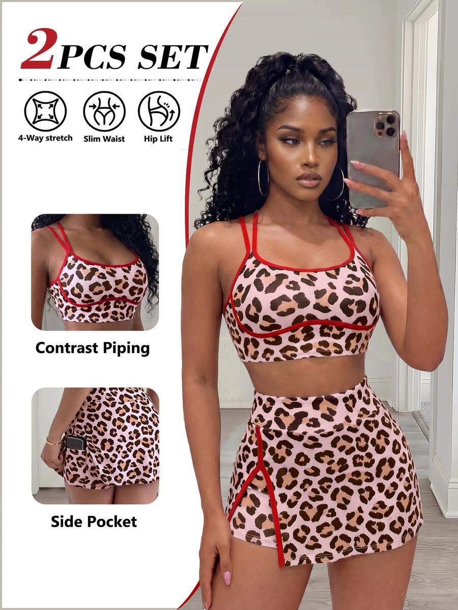 BamGleam Setelan Olahraga Wanita: Atasan Tank Pendek Motif Leopard dengan Blok Warna dan Rok Celana Pendek dengan Hem Asimetris - MultiWarna - View 1