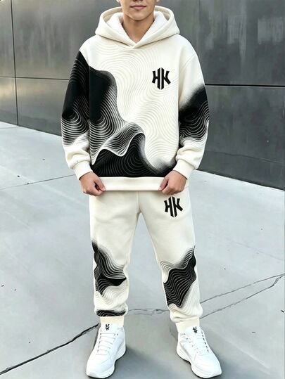 Bộ 2 món áo hoodie cho bé trai tuổi teen phong cách streetwear, màu trắng kem đen, họa tiết sóng lỏng, tay dài, dáng rộng, lót nỉ, mũ trùm đầu, trang phục đường phố đi học mùa thu đông