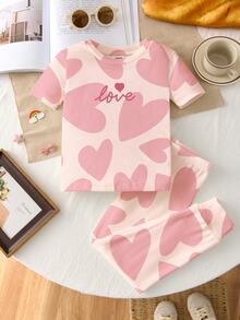 SHEIN LMoss Kids 女童休閒簡約甜心圖案印花修身舒適圓領短袖上衣與長褲居家服套裝 - 彩色 - 查看 1
