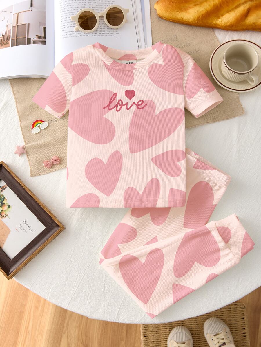 SHEIN LMoss Kids 女童休閒簡約甜心圖案印花修身舒適圓領短袖上衣與長褲居家服套裝 - 彩色 - 查看 1