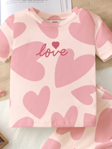 SHEIN LMoss Kids 女童休閒簡約甜心圖案印花修身舒適圓領短袖上衣與長褲居家服套裝 - 彩色 - 查看 3