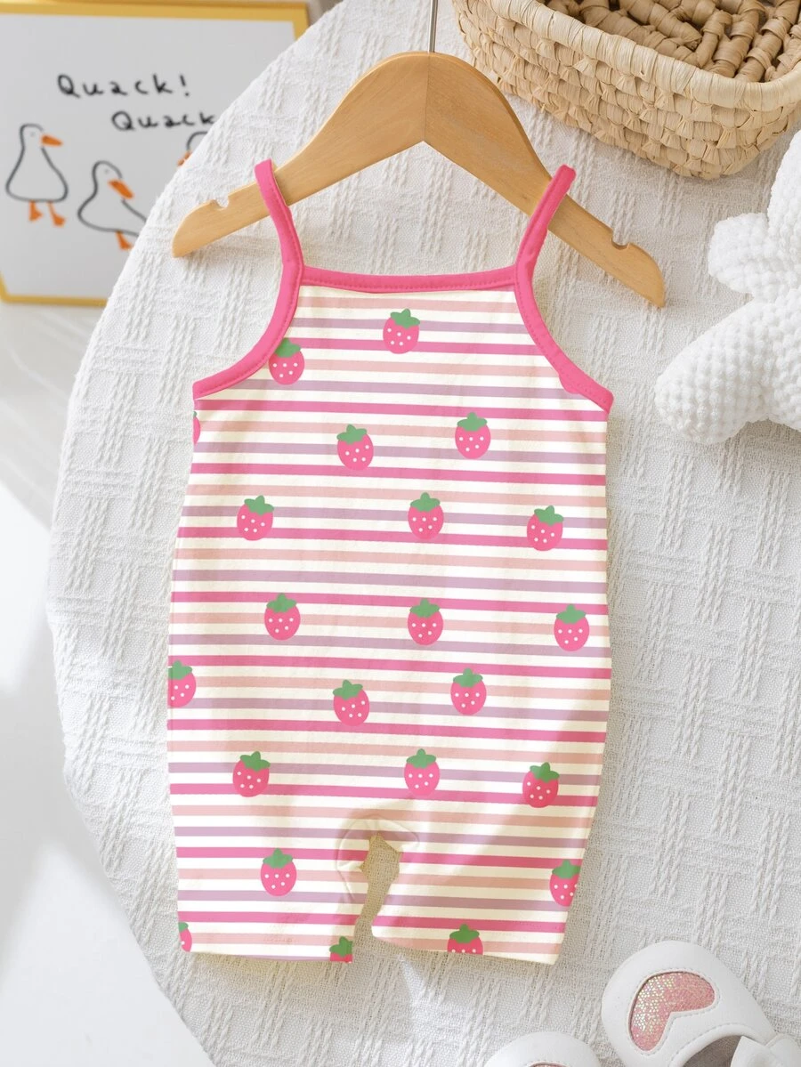 SHEIN Vintage Sweet Mini Fruit Print Pattern, Girly, Baby Girl Casual Romper Suitable For Spring & Summer, Chill Chill - Multicolor - View 1