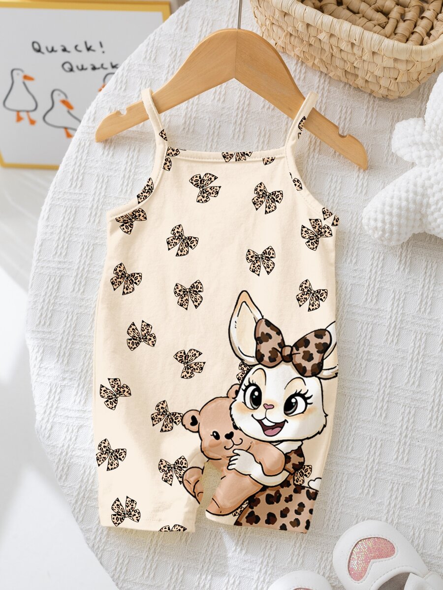 Brown Rainbow Lemon Cute Kawaii Sweet Leopard Print Bow Animal Rabbit Bear Pattern Baby Girl Casual Comfortable Suspender Romper Shorts - Multicolor - View 1