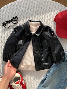 男嬰純色PU皮革拉鍊休閒百搭日常旅行長袖秋冬夾克 - 黑色 - 查看 4