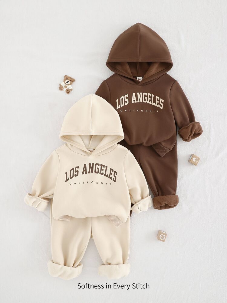 SHEIN Baju Bayi Laki-laki, Balita 2 Set Musim Gugur/Musim Dingin Kasual Lucu Gaya Kampus, Set Baju Hoodie, Pakaian Musim Dingin Bayi, Set Pakaian Musim Dingin Bayi, Potongan Vintage - Coklat - View 6